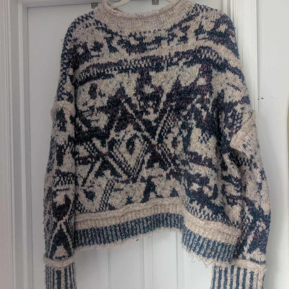 Pilcro Beige and Teal Patterned Crewneck Sweater - Picture 3 of 5